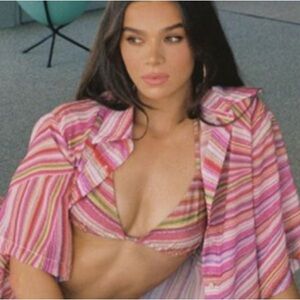 NWT Frankie’s Bikinis Fifi Button Up Striped Pink Green Size Women’s Medium (M)